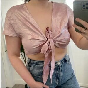 Tie-Front Festival Floral Jacquard Satin Top Crop Cropped Bow Boho Art Bra Top